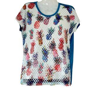 Aris A. Mesh Top Pineapple Mirage Print Scoop Neck Cap Sleeve White Teal  Small